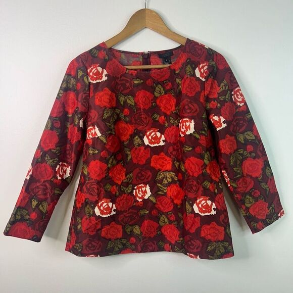 J.Crew Collection 100% Silk Floral Red Rose Quiet Luxury Top Size 4 Glam Luxe - Picture 1 of 10